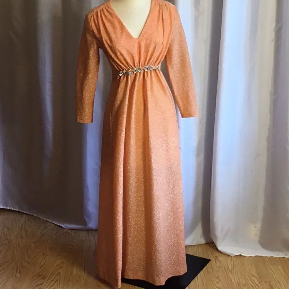 Beautiful VINTAGE gown in light tangerine with silver threads throughout